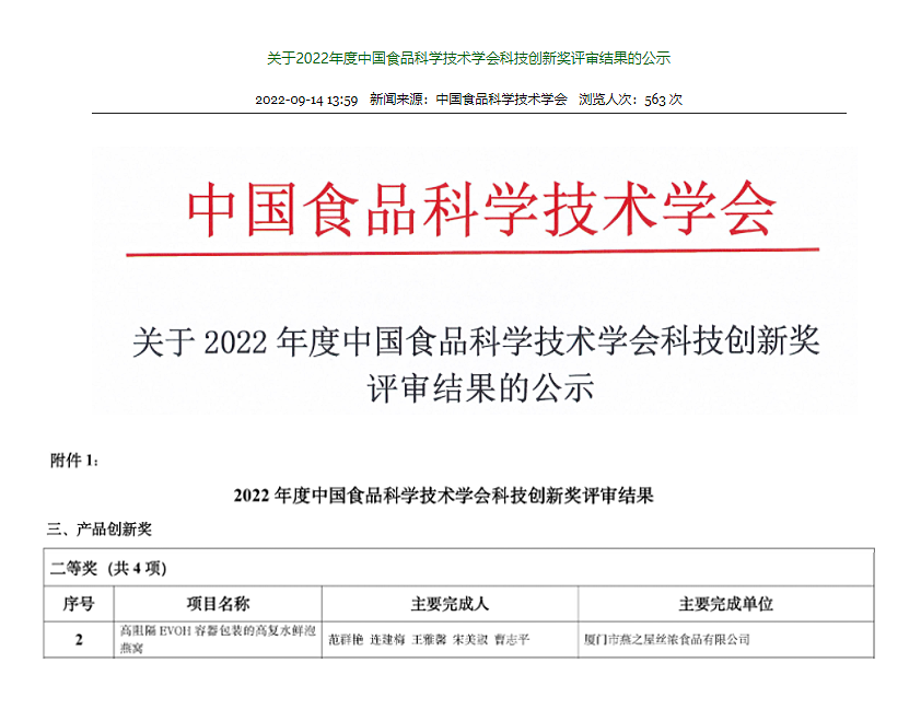 必威 必威betway燕之屋荣获2022年度中国食品科学技术学会科技创新奖——产品创新奖二等奖(图1)